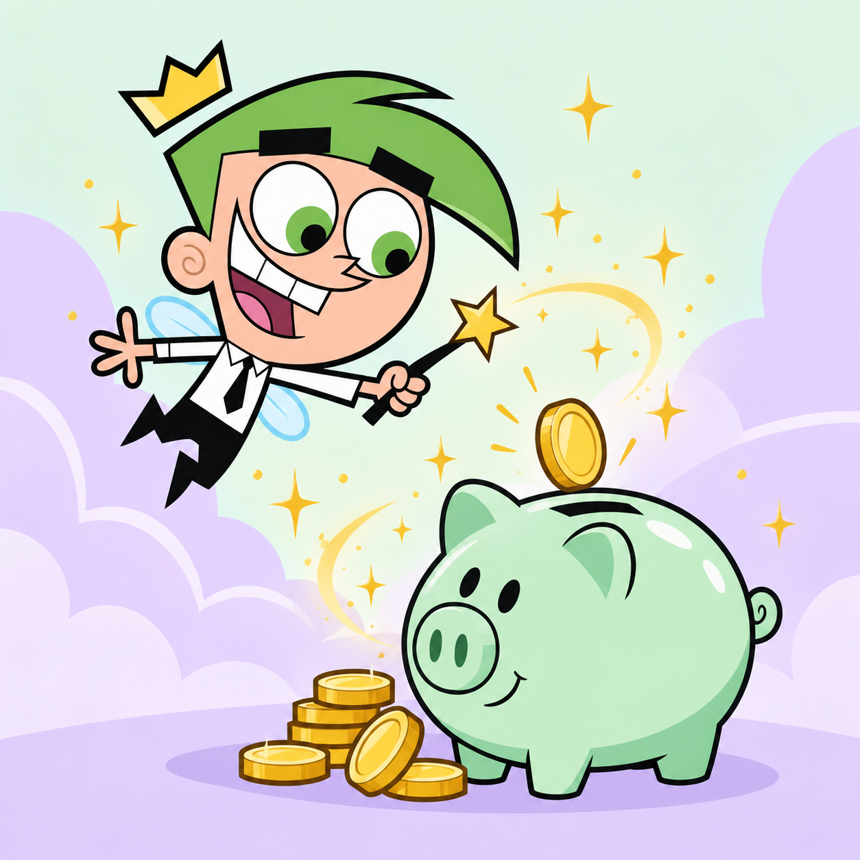 Cosmo, de Os Padrinhos Mágicos, com sua varinha ao lado de uma caixinha de moedas